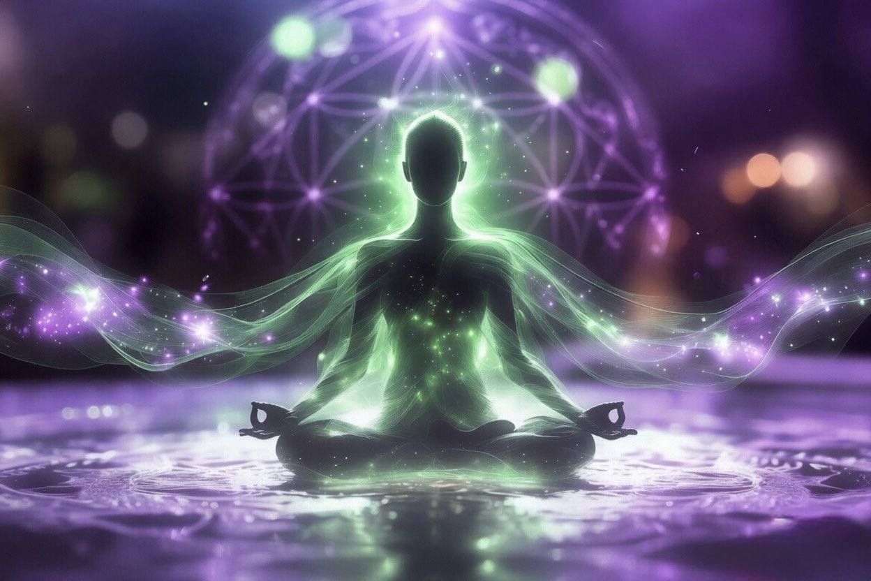 Meditating figure surrounded by purple and green light