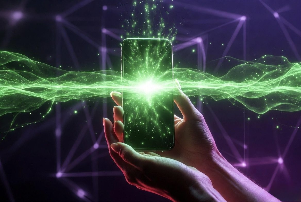 Hands holding a phone radiating green light, remote healing session